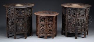 Appraisal: PAIR OF CARVED AND INLAID TABORETS TOGETHER WITH A SMALLER