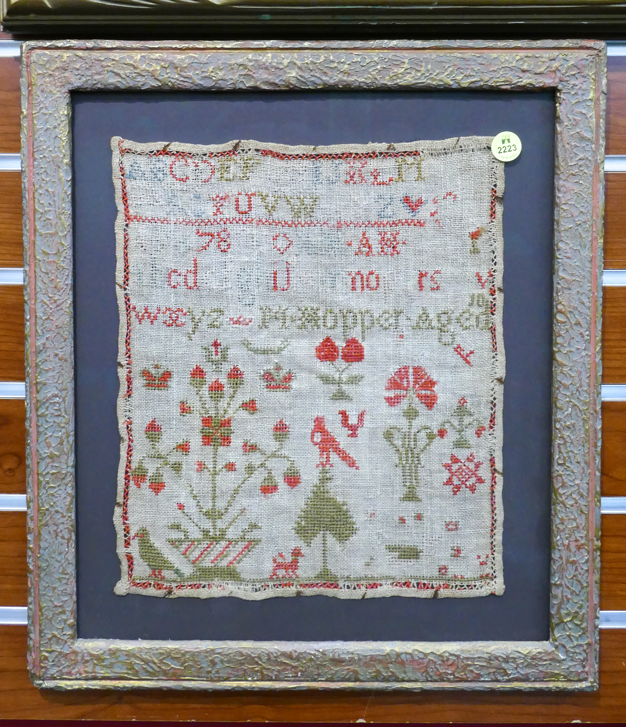 Appraisal: Antique M Hopper Age Needlework Sampler Framed- x ''