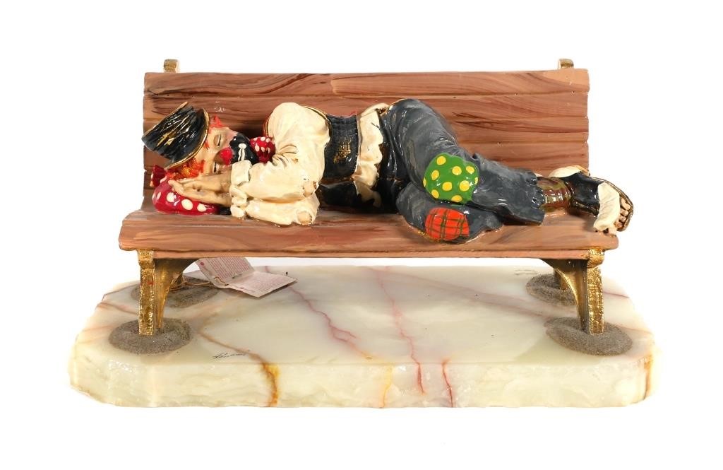 Appraisal: RON LEE - Clown sleeping on park bench sculpture Signed