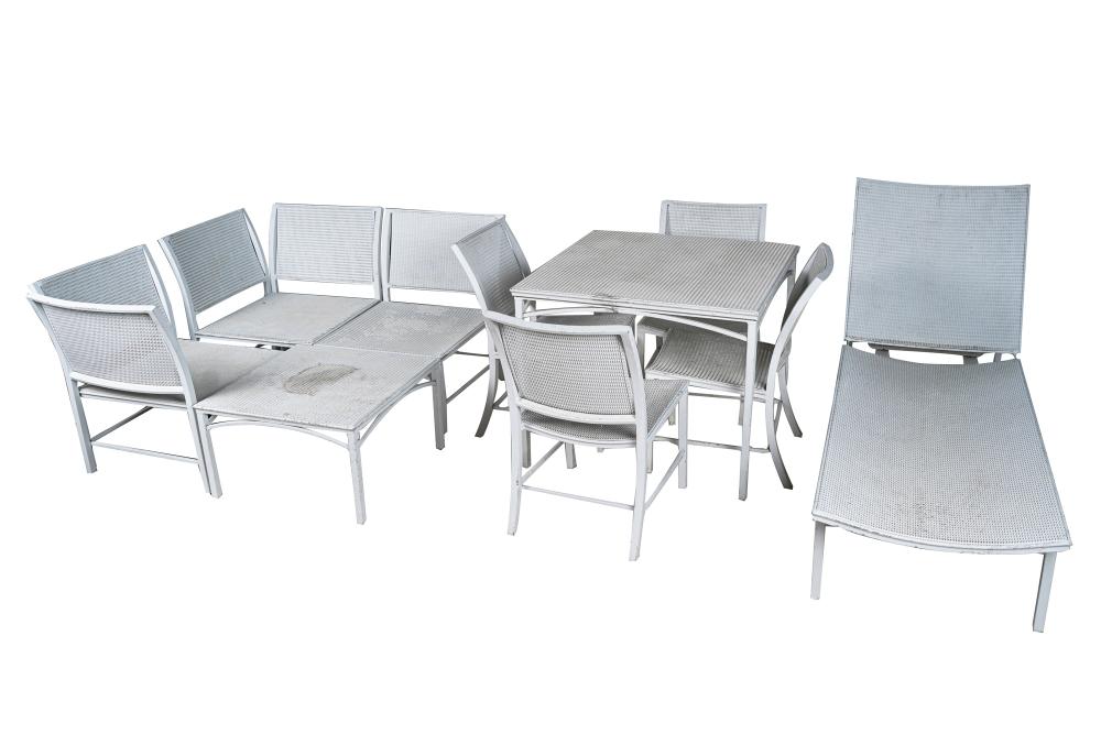 Appraisal: WHITE-PAINTED METAL PATIO SETcomprising a dining table inches square inches