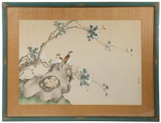 Appraisal: JAPANESE SCROLL PAINTING Pair of Lovebirds atop a Scholar's Stone