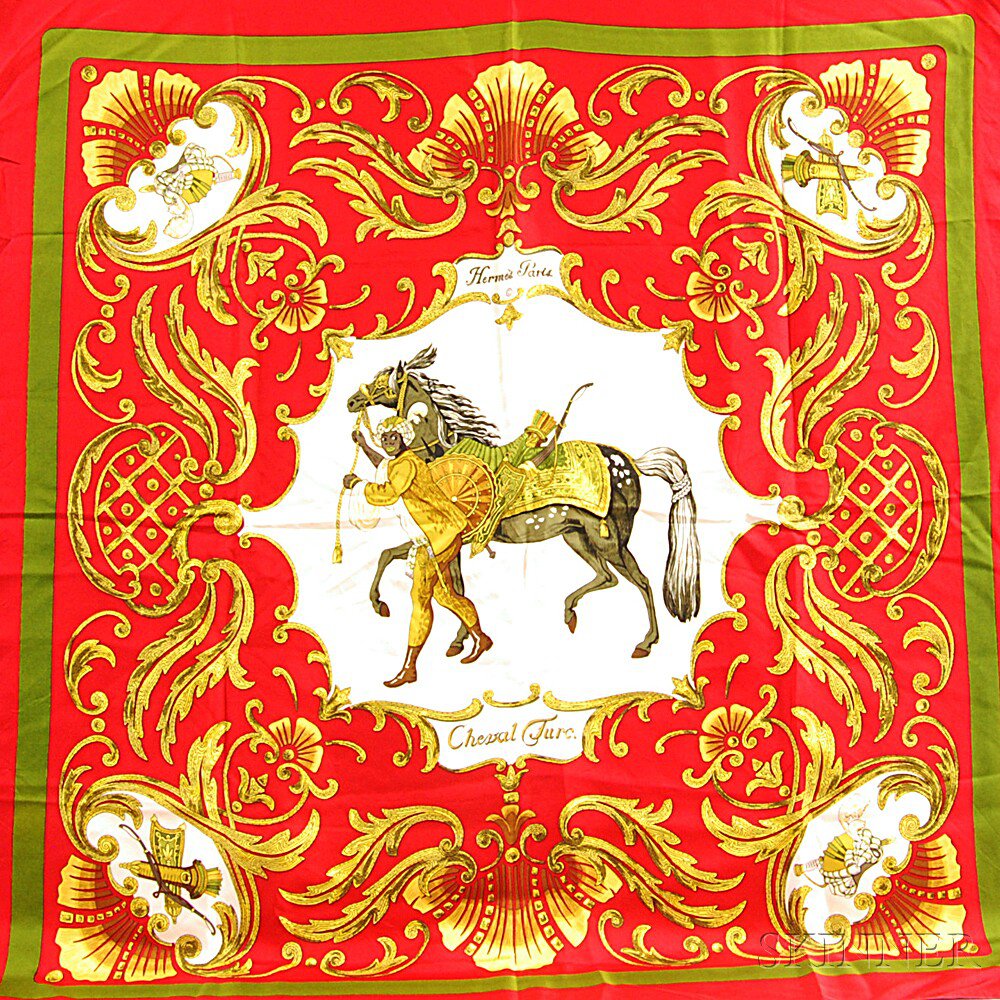 Appraisal: Hermes Cheval Turc Silk Scarf depicting a Turkish gentleman in