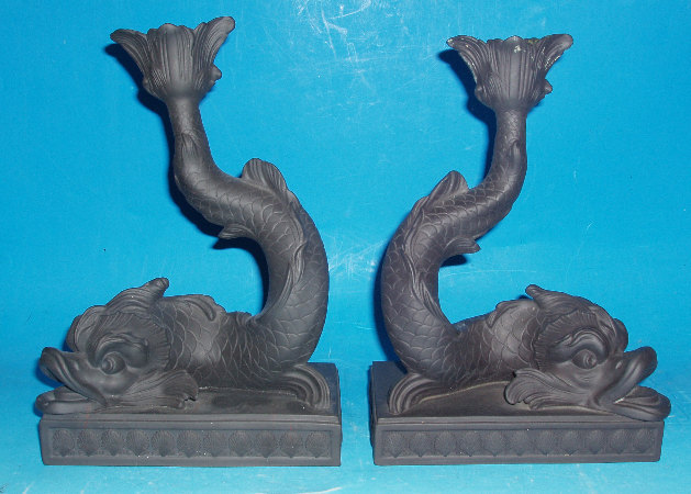 Appraisal: Pair Of Black Basalt Dolphin Candlesticks Height cm