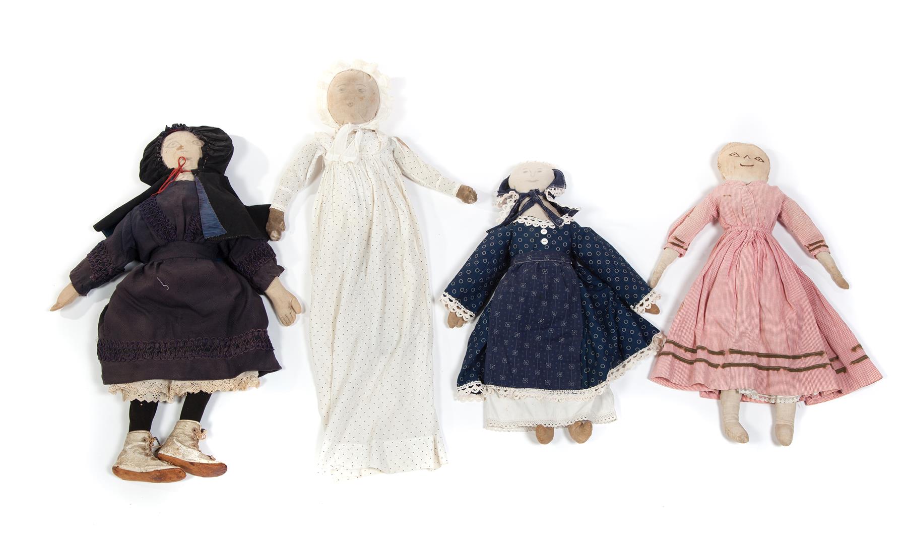 Appraisal: FOUR CLOTH DOLLS WITH DRAWN FEATURES American late th-early th