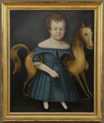 Appraisal: AMERICAN SCHOOL BOY IN BLUE WITH HOBBY HORSE Oil on