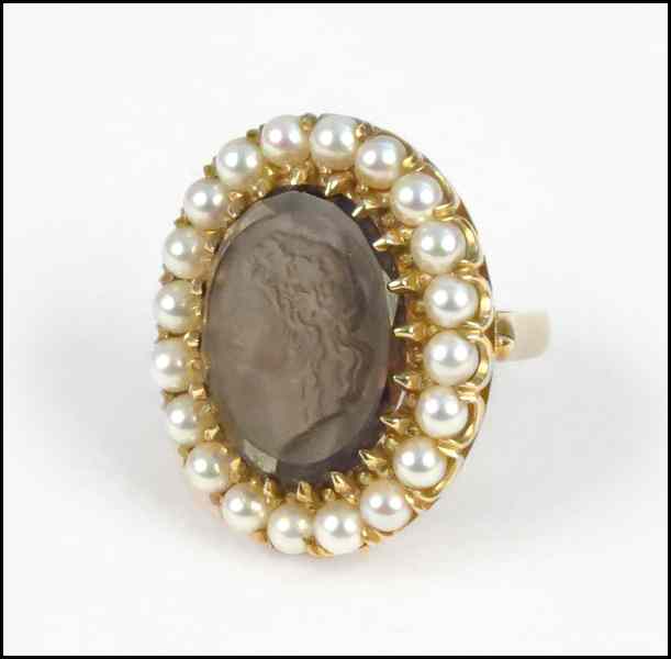 Appraisal: KARAT YELLOW GOLD CARVED QUARTZ AND PEARL COCKTAIL RING Condition