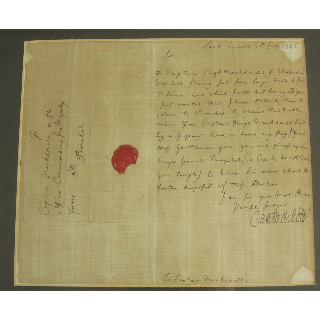 Appraisal: Jacobite interest - letter to Captain MacDonald commanding the King's