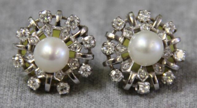 Appraisal: JEWELRY Pair of kt White Gold Pearl andDiamond Earrings Total