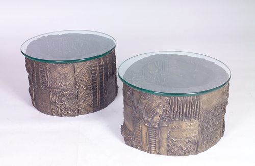 Appraisal: PAUL EVANS Pair of Sculpted Bronze drum side tables with