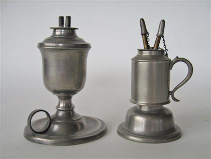 Appraisal: Two pewter camphene chamber lamps The first a petticoat lamp