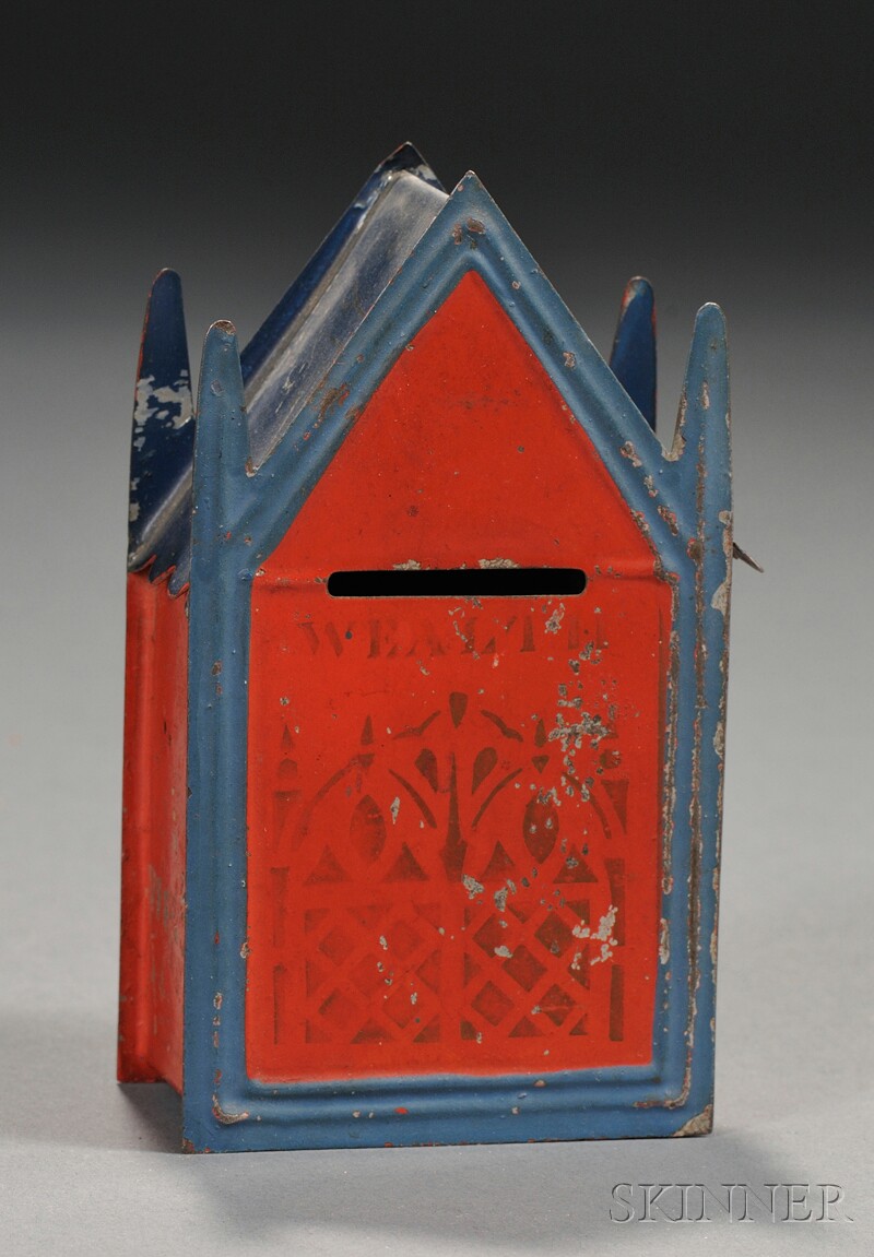 Appraisal: Tin Painted Gothic Bank America mid- th century original red