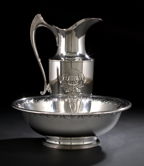 Appraisal: Good WMF Silverplate Art Nouveau Washbasin and Pitcher in Thistle