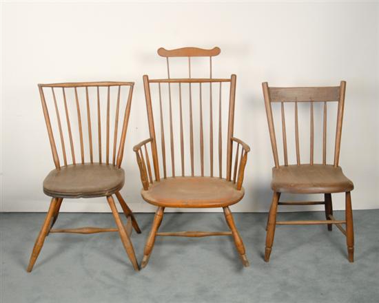 Appraisal: Three Early Windsor Chairs a combback rocker with a seven