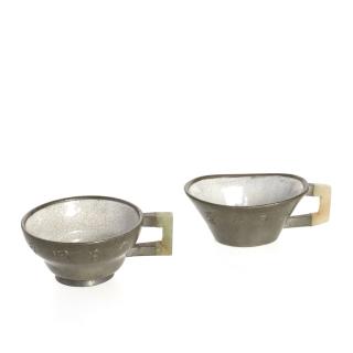 Appraisal: Chinese pewter and jade cups Chinese pewter and jade cups