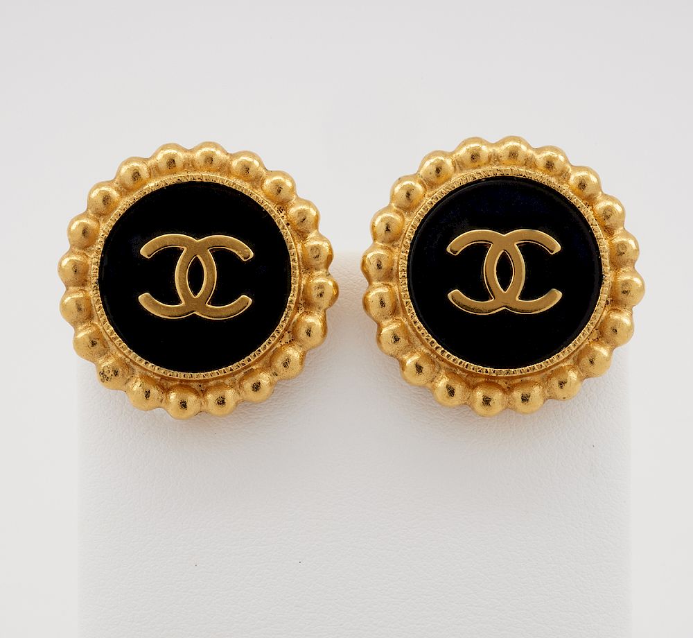 Appraisal: Chanel classic black gold clip earrings Chanel classic black and