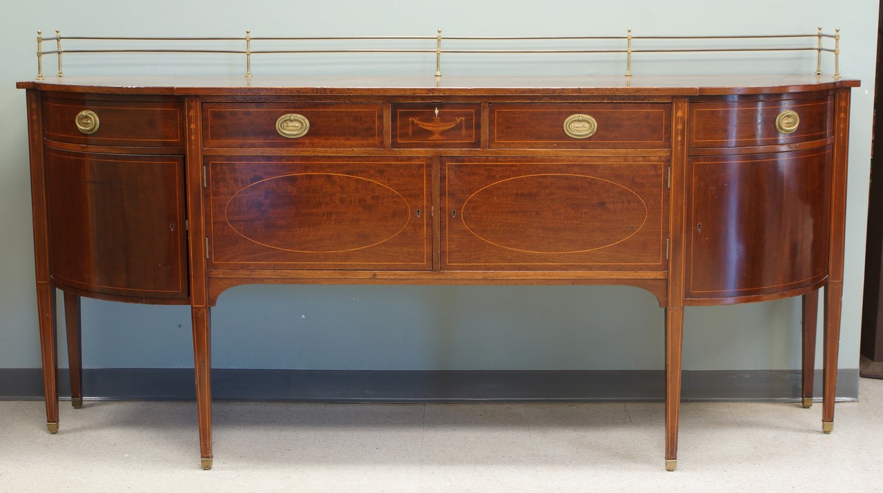 Appraisal: Inlaid Mahogany Hepplewhite Style Sideboard with brass gallery D-end bench