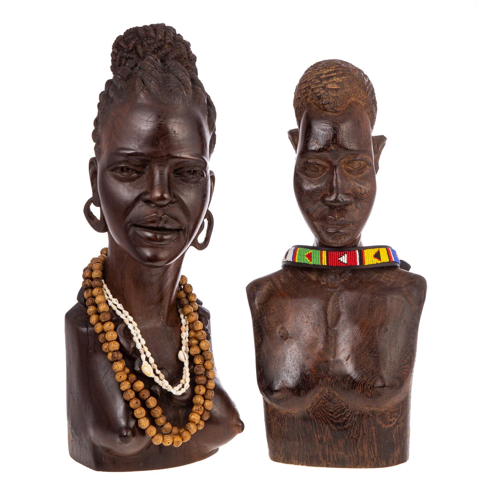 Appraisal: TWO AFRICAN THEMED CARVED BUSTS WOOD th century Female with