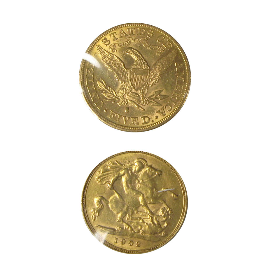 Appraisal: American Half Eagle S Gold Coin and a British half