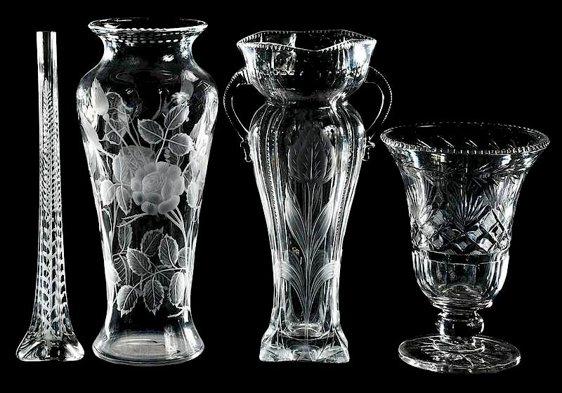 Appraisal: Four Cut Glass Vases Pairpoint Pittsburgh Tulip Pairpoint mark in