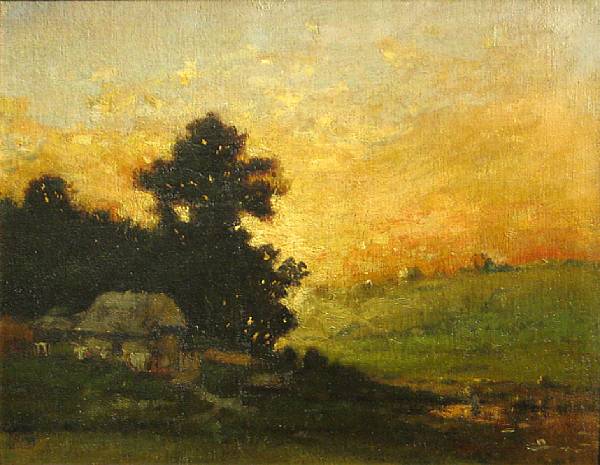 Appraisal: American School th century Farmhouse at dusk Sunset above the