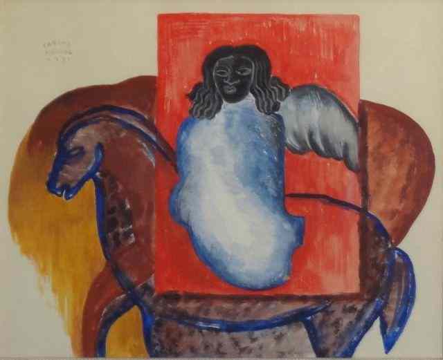 Appraisal: MERIDA Carlos Gouache on Paper Angel onHorseback Signed and dated