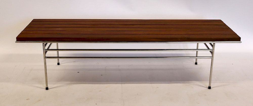 Appraisal: Vintage Signed Chrome Walnut Slatted Bench Nice quality and great