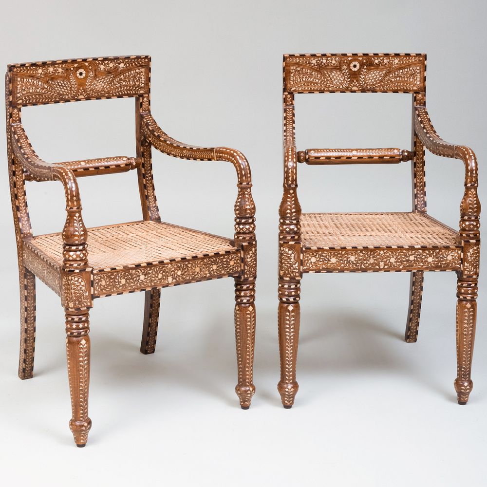 Appraisal: Pair of Anglo-Indian Teak and Bone Inlaid Armchairs Fitted with