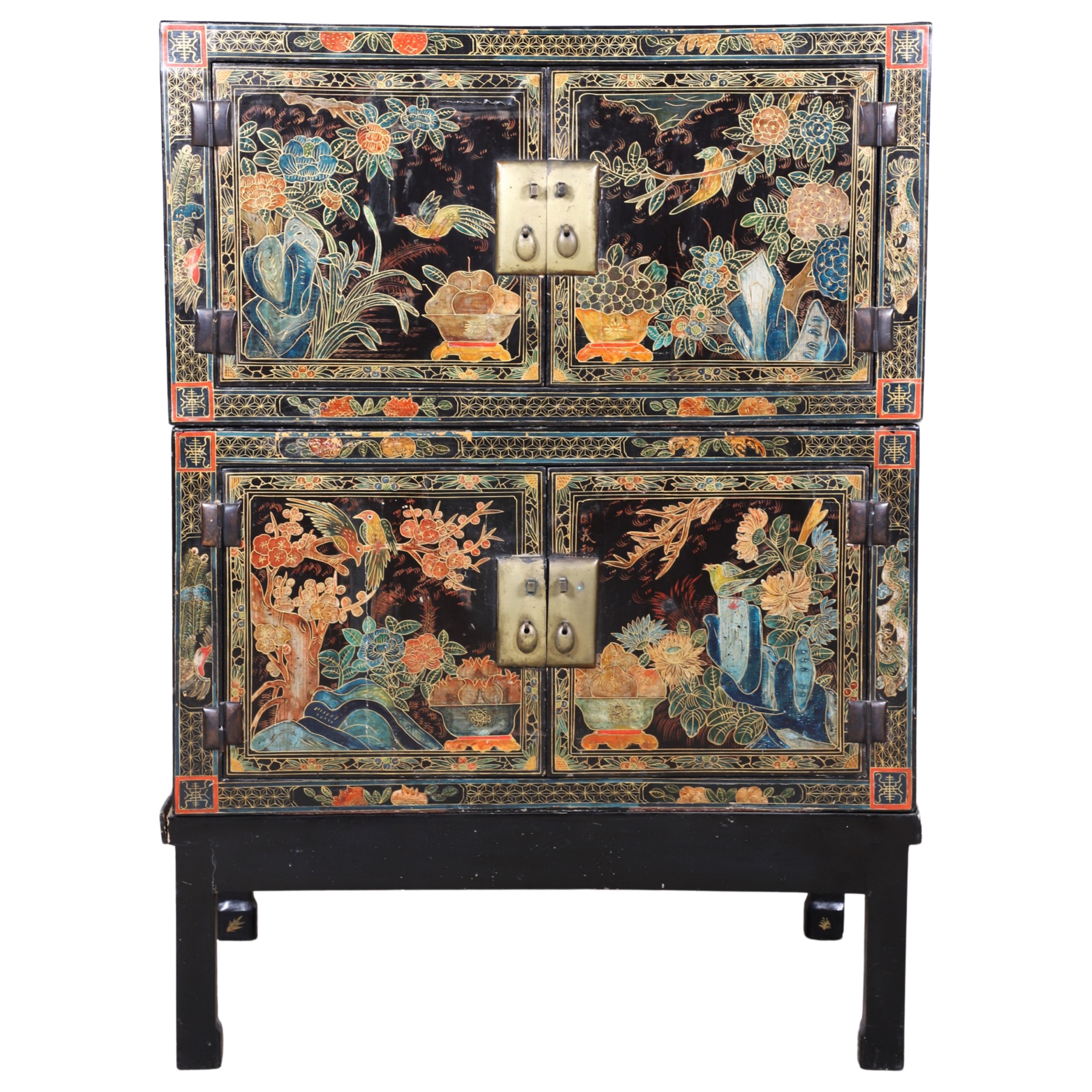 Appraisal: Chinoiserie paint decorated stacked cabinet paint decorated birds urns flowers