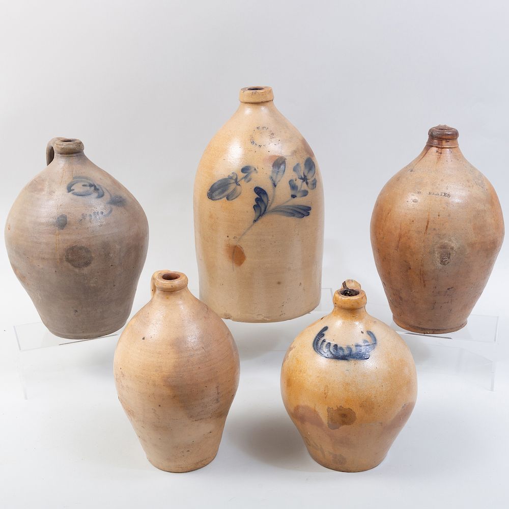 Appraisal: Five American Salt Glazed Stoneware Jugs One jug partially impressed