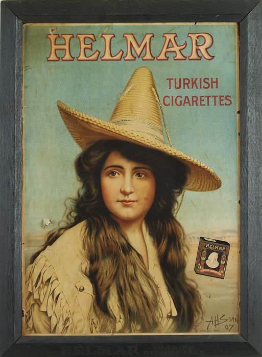 Appraisal: CARDBOARD LITHOGRAPH ADVERTISING FOR HELMAR TURKISH CIGARETTE AD WITH COWGIRL