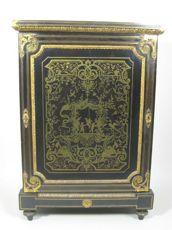 Appraisal: A Victorian ebonised and Boulle Cabinet with single solid panelled