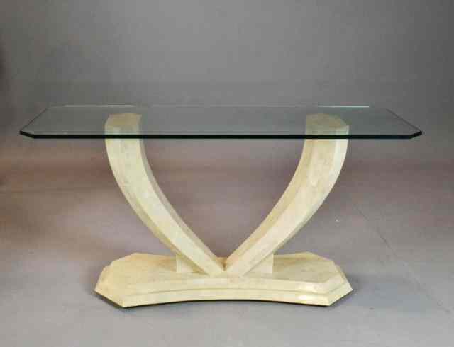 Appraisal: A Contemporary Glass and Marble Hall TableThick glass shaped top