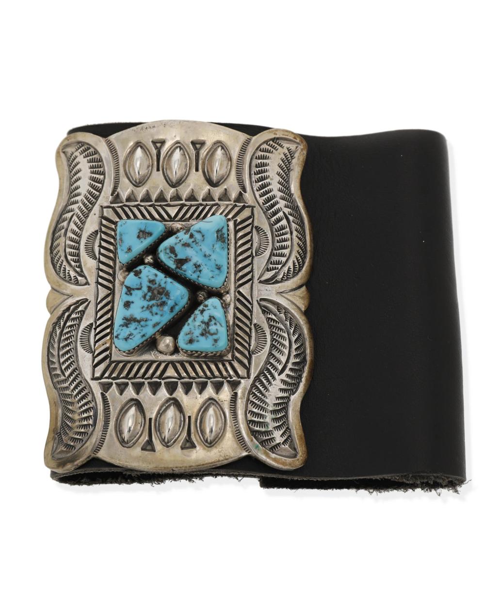 Appraisal: A Navajo silver and turquoise ketoh arm guard Second-Half th