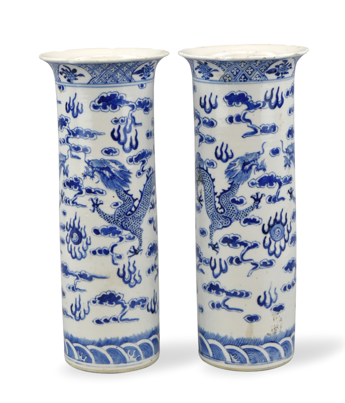 Appraisal: A pair of Chinese blue white dragon gu shaped vases