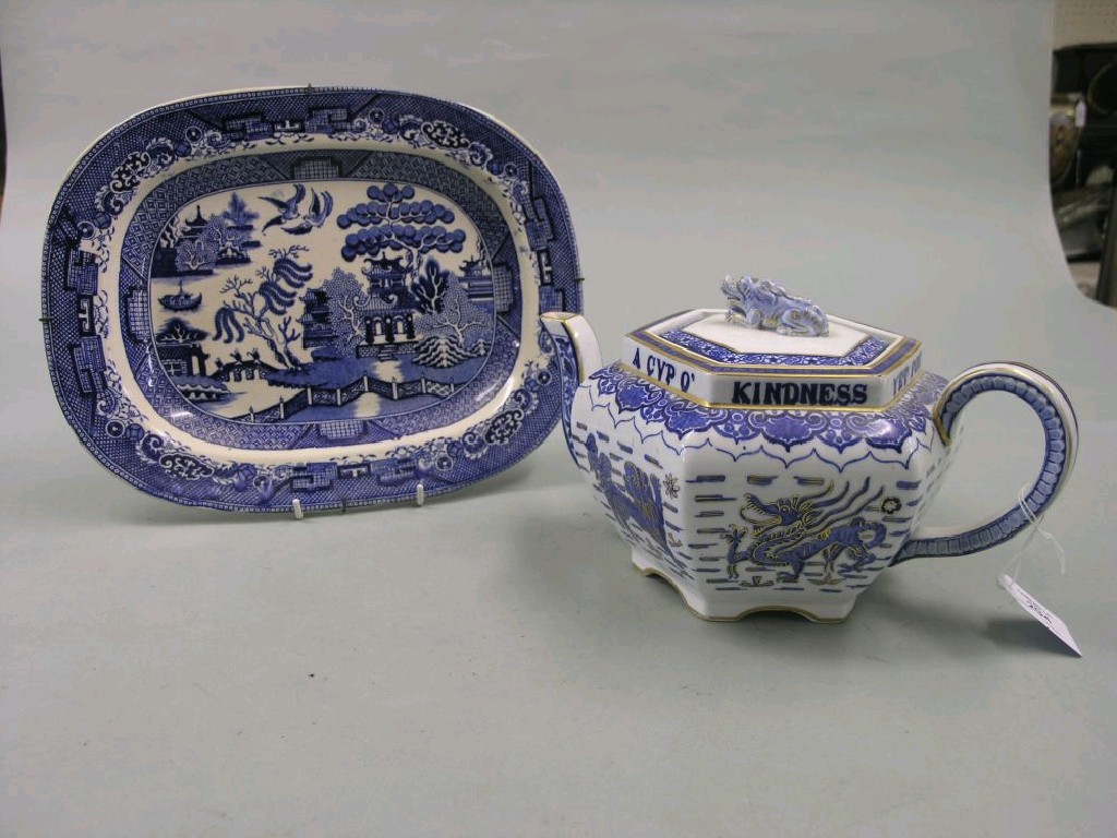 Appraisal: A Victorian blue-printed teapot hexagonal shape in diameter together with