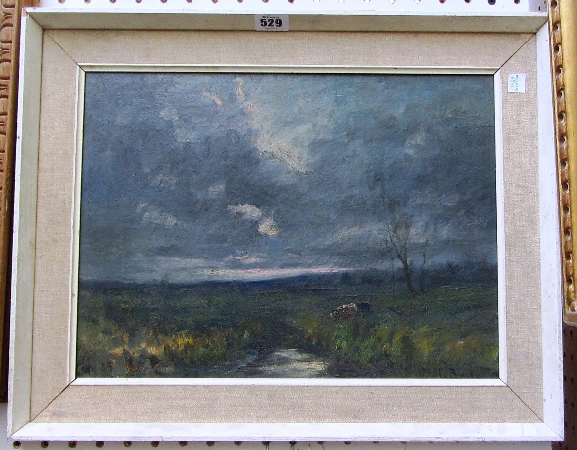 Appraisal: George Boyle - Cattle grazing in a stormy landscape oil