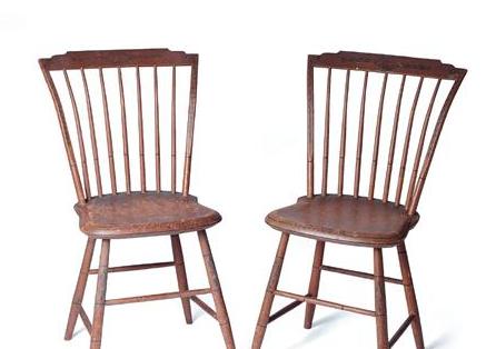 Appraisal: PAIR OF NEW ENGLAND RED-PAINTED AND DECORATED STEPDOWN WINDSORS Est