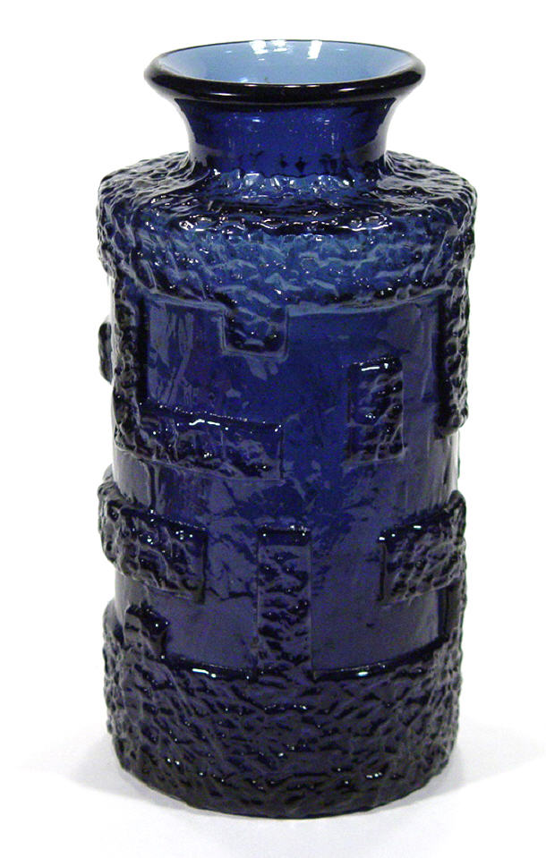 Appraisal: Whitefriars style cylindrical blue glass vase with geometric moulded decoration