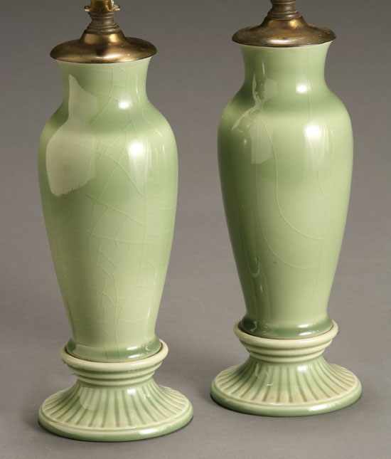 Appraisal: Pair of Rookwood Celadon Glaze Lamp Vases Dated Each having