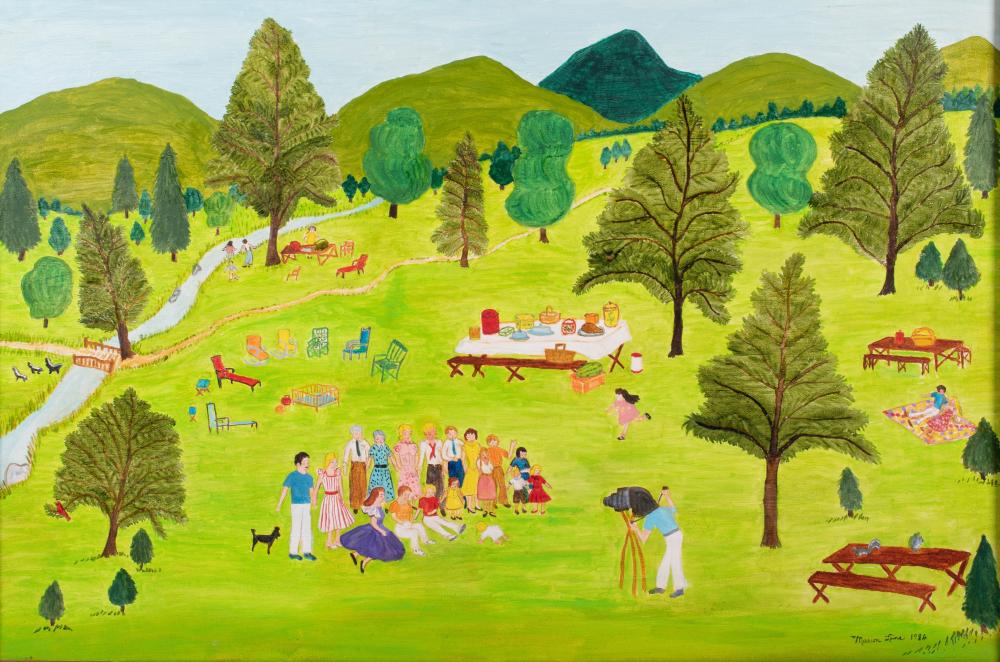 Appraisal: MARION LINE AMERICAN TH CENTURY FAMILY PICNIC Acrylic on canvas