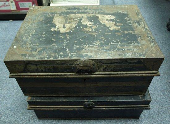 Appraisal: A tin deed box with fitted interior together with another