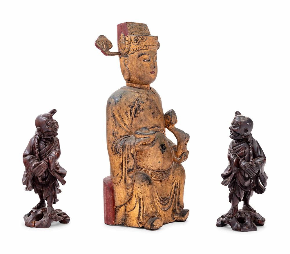 Appraisal: Three Chinese Carved Wood Figures Three Chinese Carved Wood Figures