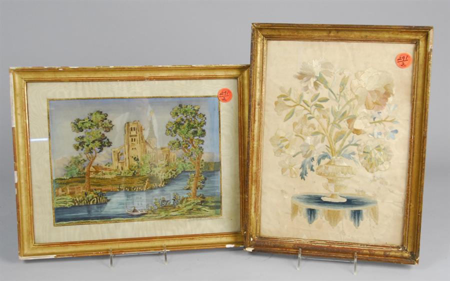 Appraisal: TWO FRAMED CONTINENTAL NEEDLEWORK PANELS one silk work on paper