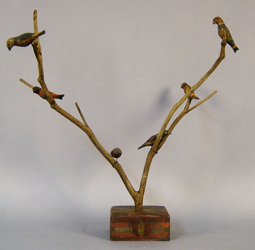 Appraisal: Carved and painted bird tree th c h