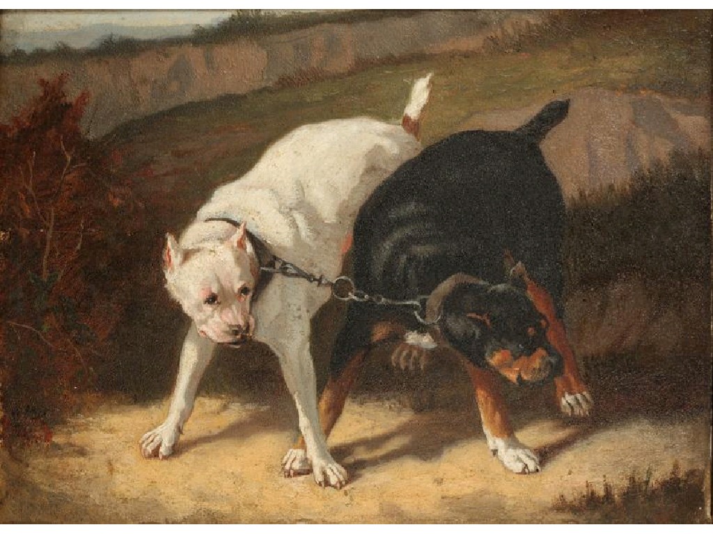 Appraisal: MONOGRAMMIST GD Two mastiffs in a landscape indistinctly monogrammed and