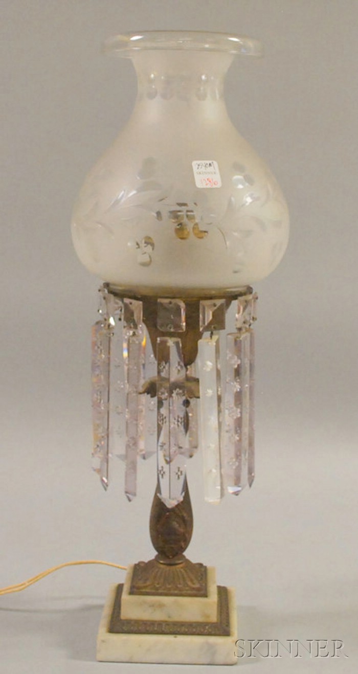 Appraisal: Victorian Brass Sinumbra Lamp with Marble Base prisms electrified cracked