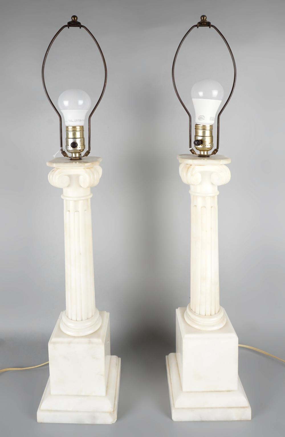 Appraisal: PAIR OF ALABASTER COLUMNAR TABLE LAMPS both of fluted form