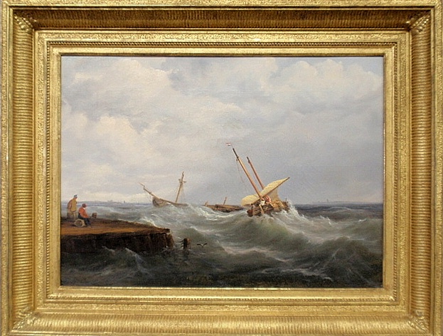 Appraisal: - Oil on canvas painting of a French vessel making