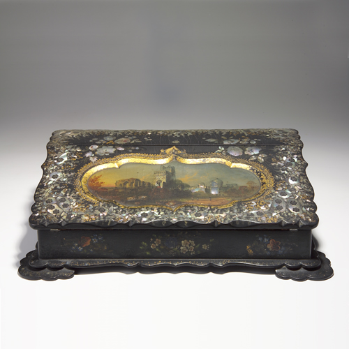 Appraisal: Writing box with ink wells of gilt and lacquered wood