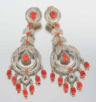 Appraisal: A Pair of Impressive Coral and Rose Cut Diamond Earrings